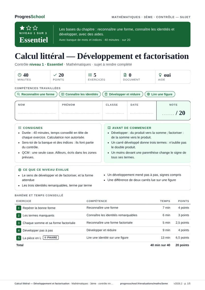 Première page du sujet : Calcul littéral — Développement et factorisation, contrôle Essentiel