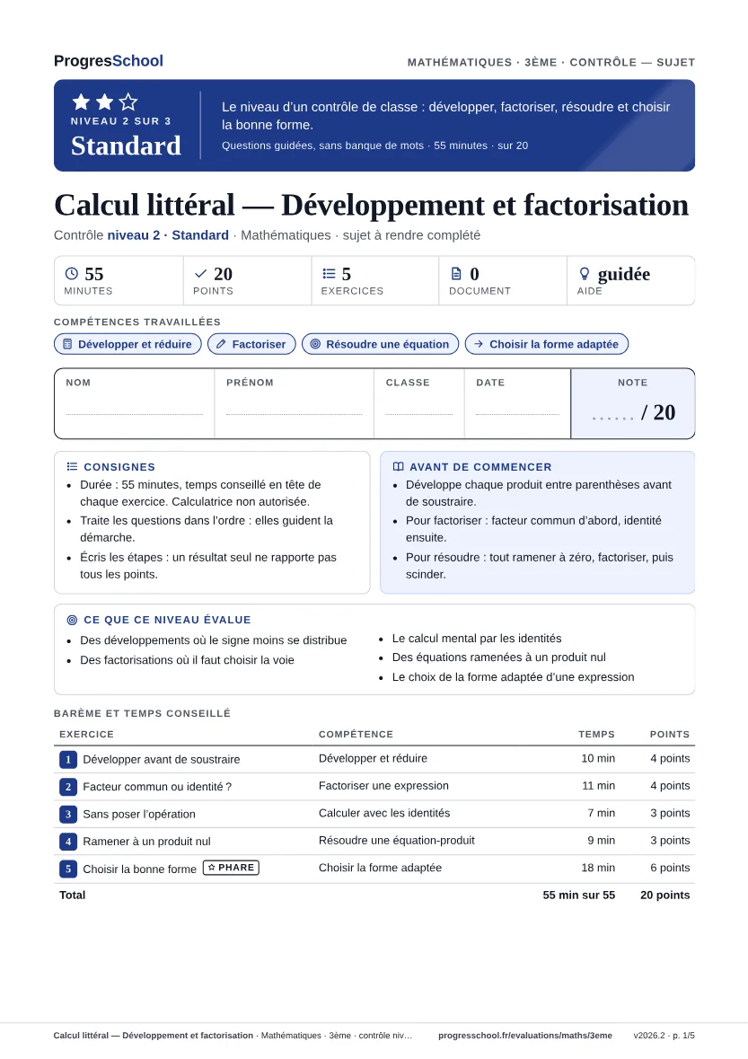 Première page du sujet : Calcul littéral — Développement et factorisation, contrôle Standard
