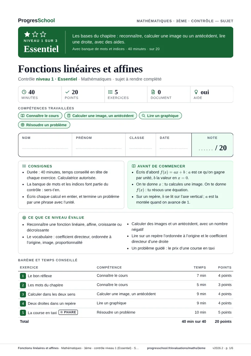 Première page du sujet : Fonctions linéaires et affines, contrôle Essentiel