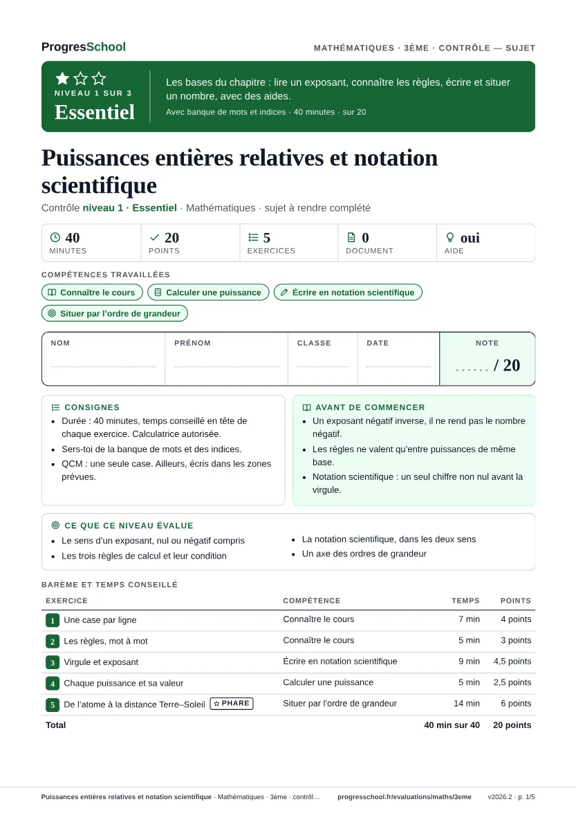 Première page du sujet : Puissances entières relatives et notation scientifique, contrôle Essentiel