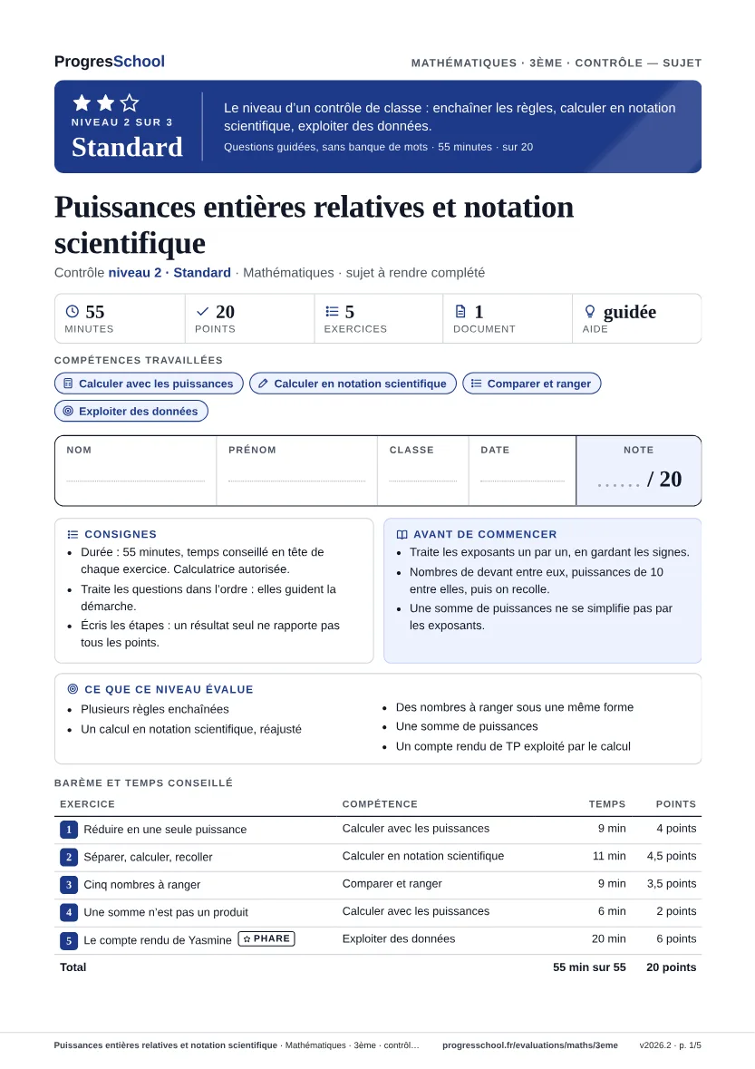 Première page du sujet : Puissances entières relatives et notation scientifique, contrôle Standard
