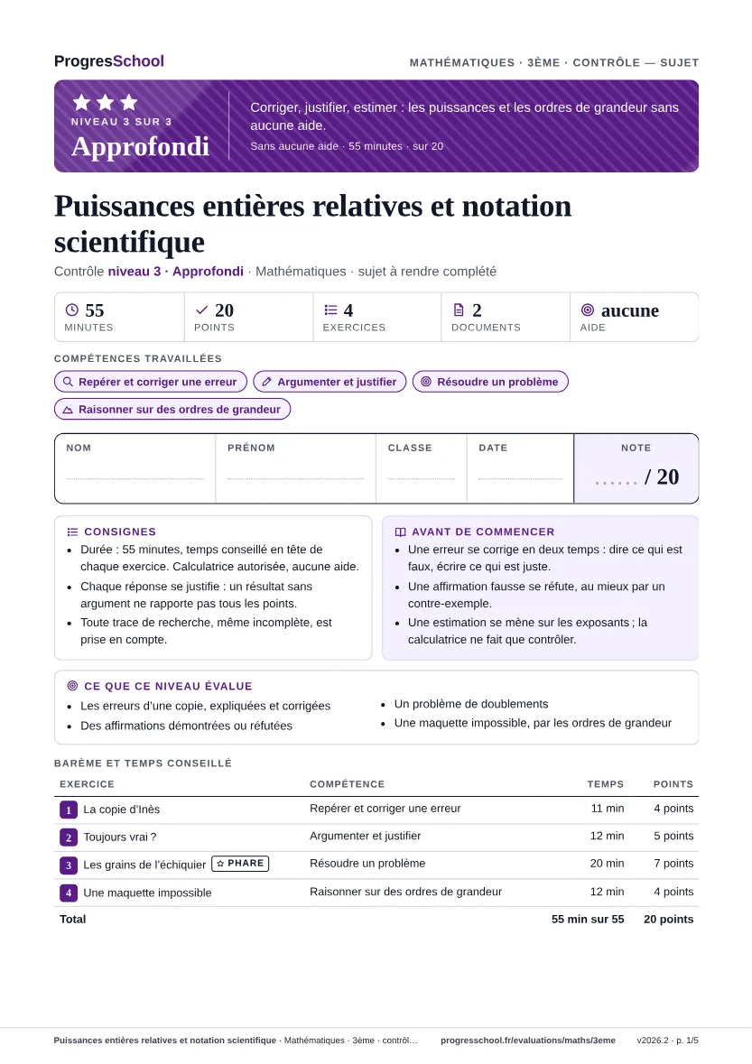 Première page du sujet : Puissances entières relatives et notation scientifique, contrôle Approfondi