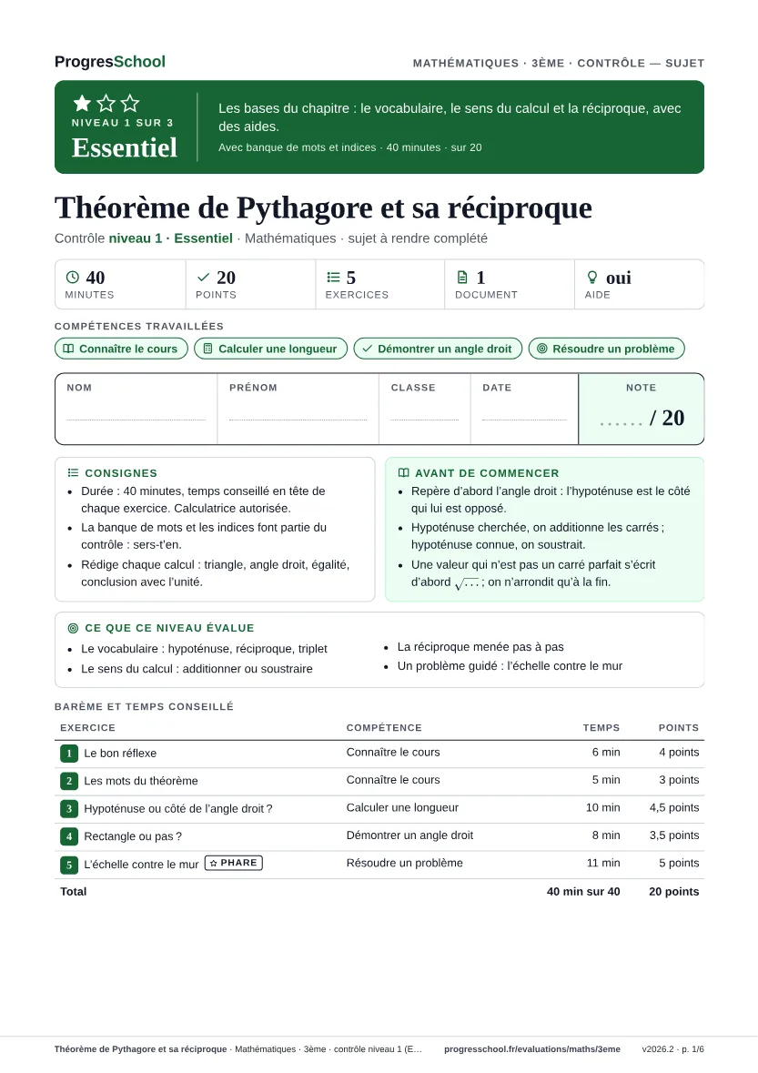 Première page du sujet : Théorème de Pythagore et sa réciproque, contrôle Essentiel