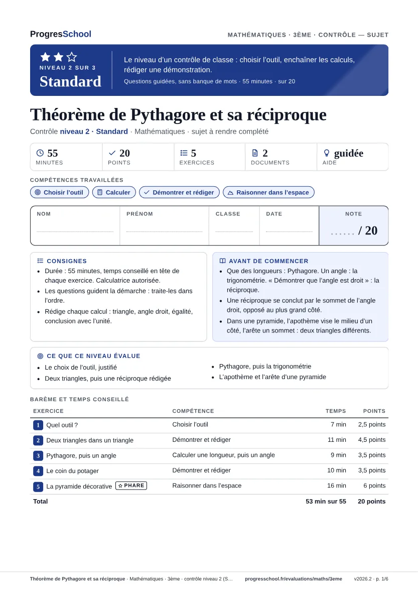Première page du sujet : Théorème de Pythagore et sa réciproque, contrôle Standard