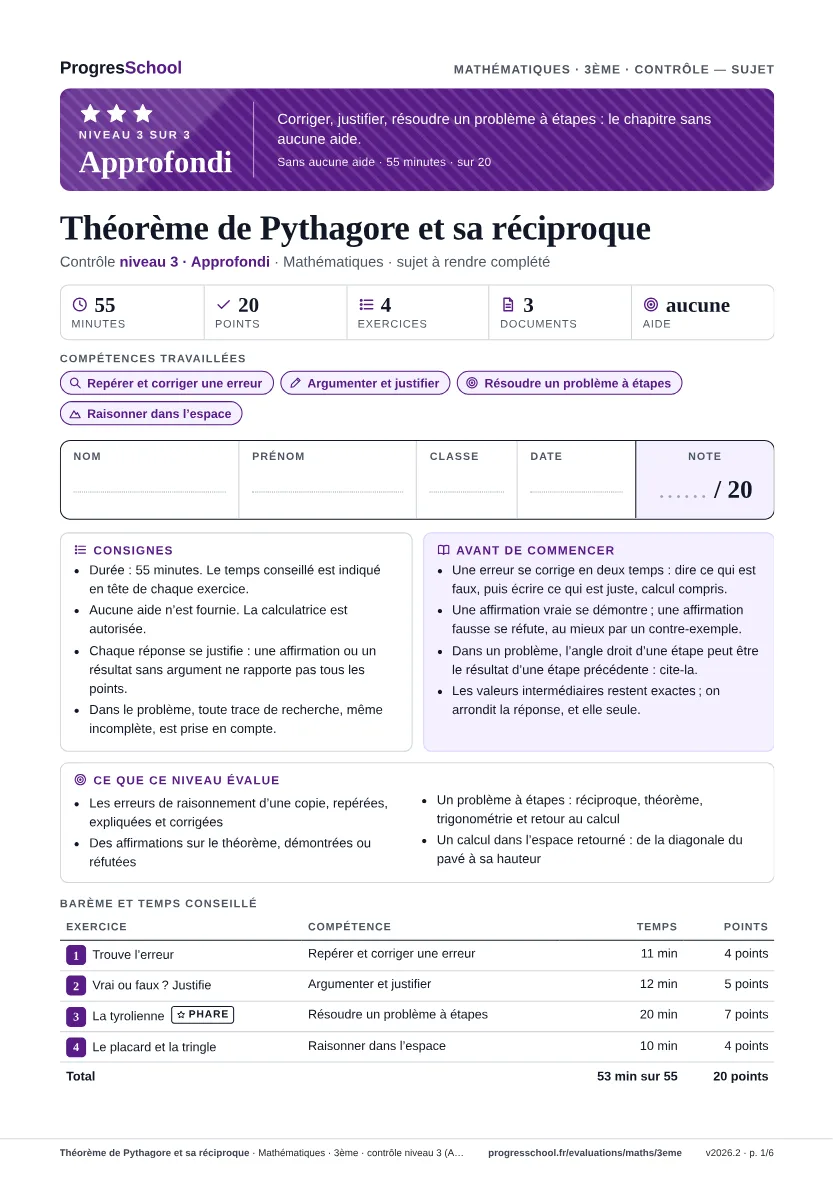 Première page du sujet : Théorème de Pythagore et sa réciproque, contrôle Approfondi