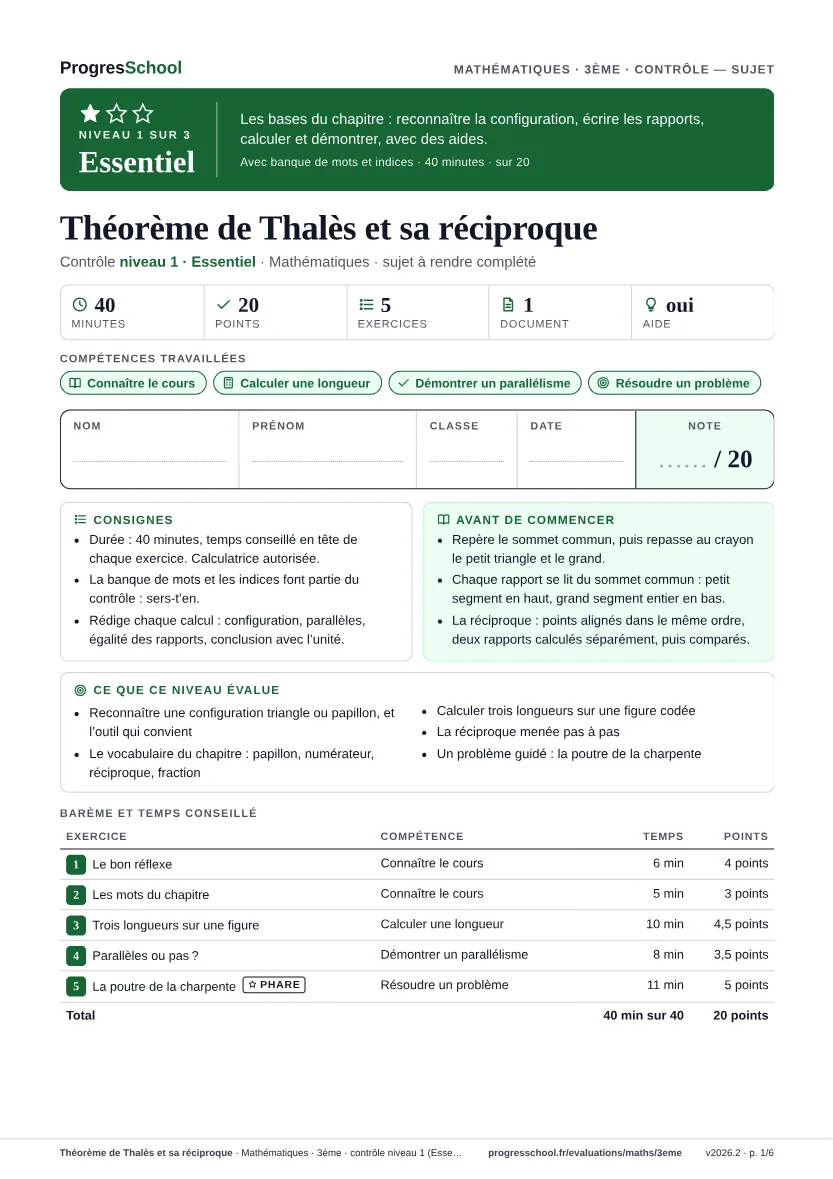 Première page du sujet : Théorème de Thalès et sa réciproque, contrôle Essentiel