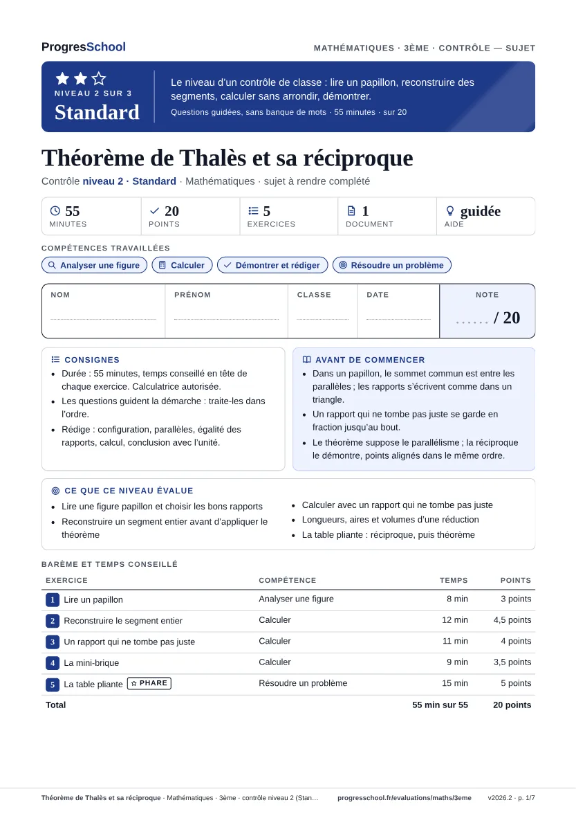 Première page du sujet : Théorème de Thalès et sa réciproque, contrôle Standard