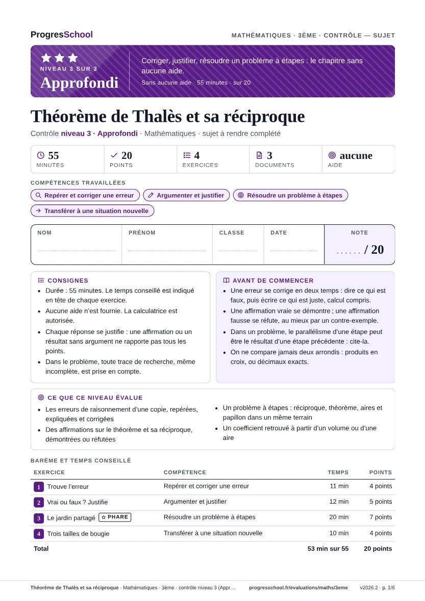 Première page du sujet : Théorème de Thalès et sa réciproque, contrôle Approfondi
