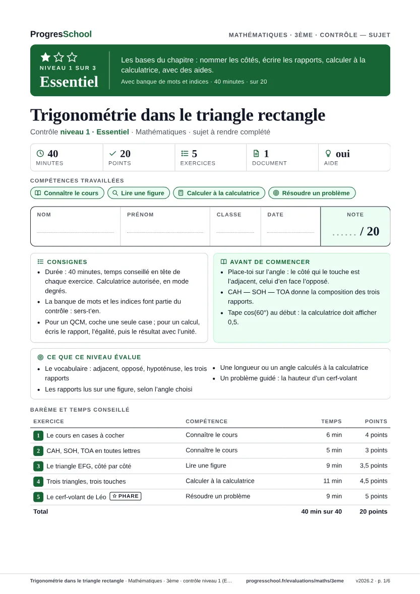 Première page du sujet : Trigonométrie dans le triangle rectangle, contrôle Essentiel