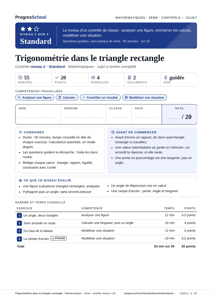Première page du sujet : Trigonométrie dans le triangle rectangle, contrôle Standard