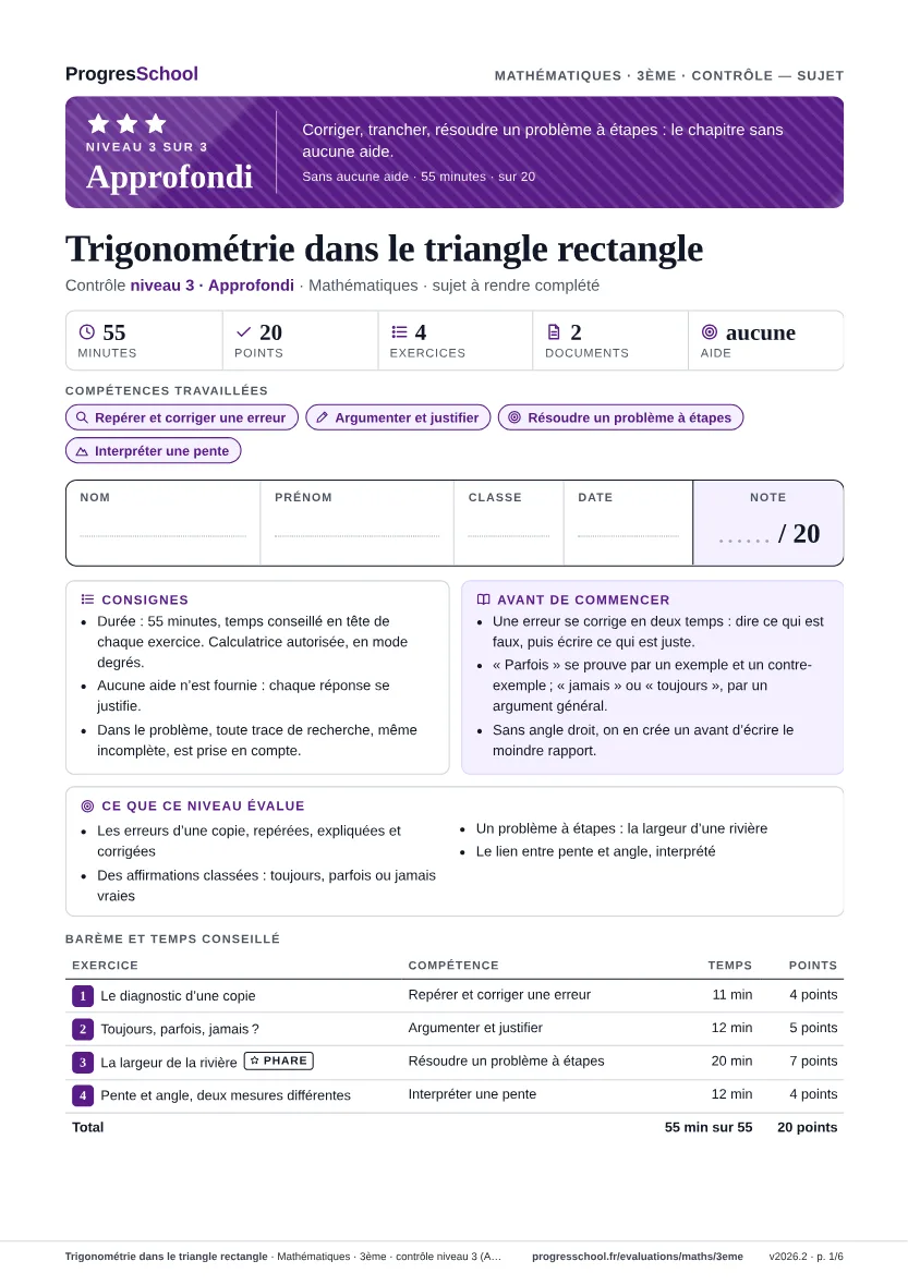 Première page du sujet : Trigonométrie dans le triangle rectangle, contrôle Approfondi