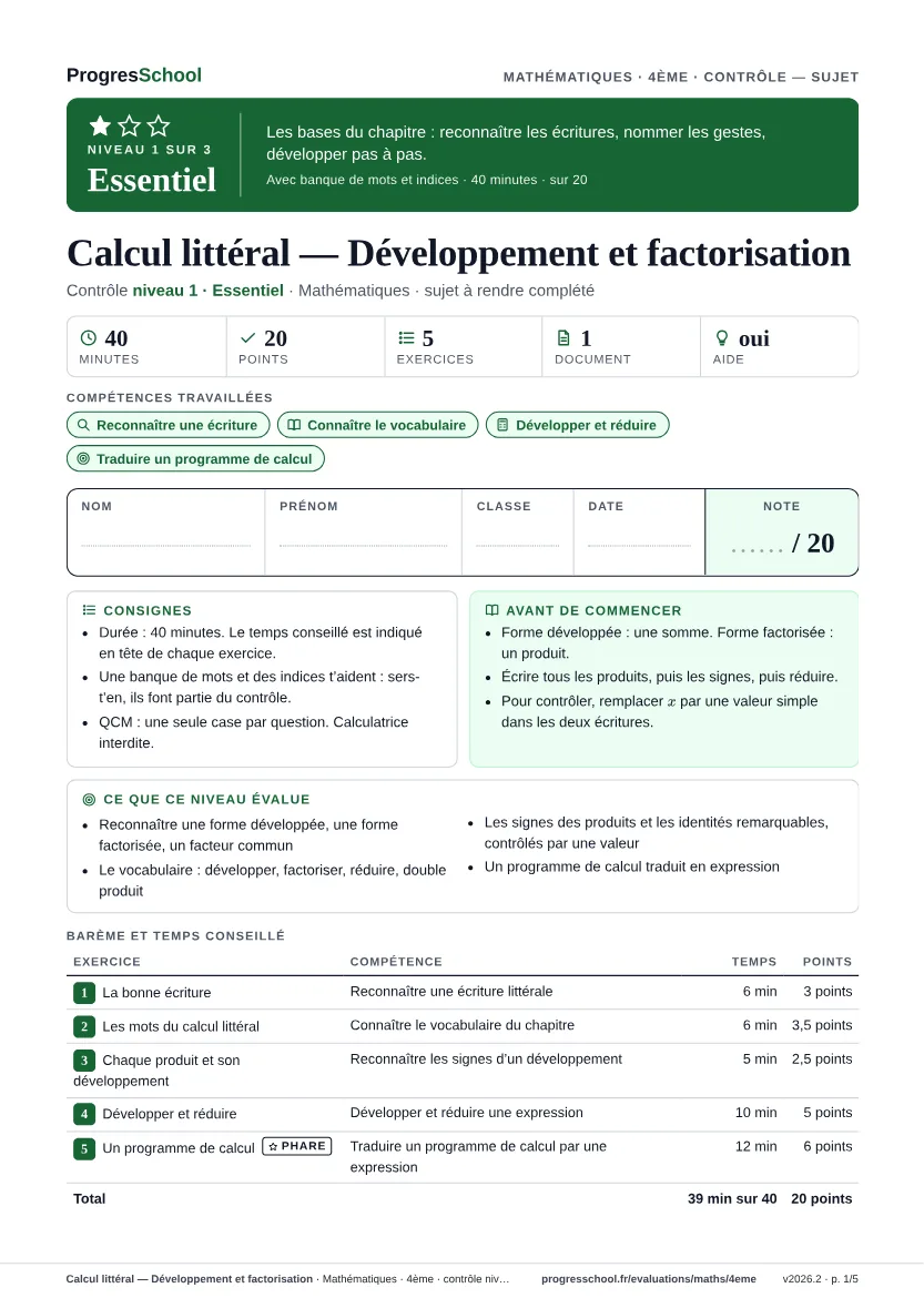 Première page du sujet : Calcul littéral — Développement et factorisation, contrôle Essentiel