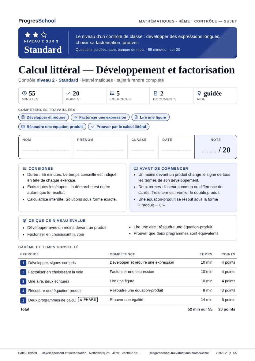 Première page du sujet : Calcul littéral — Développement et factorisation, contrôle Standard