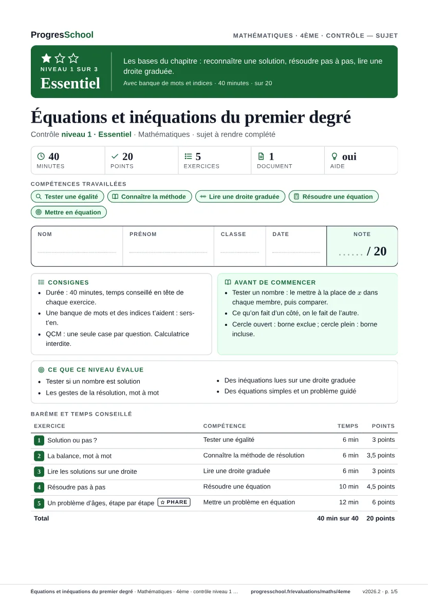 Première page du sujet : Équations et inéquations du premier degré, contrôle Essentiel