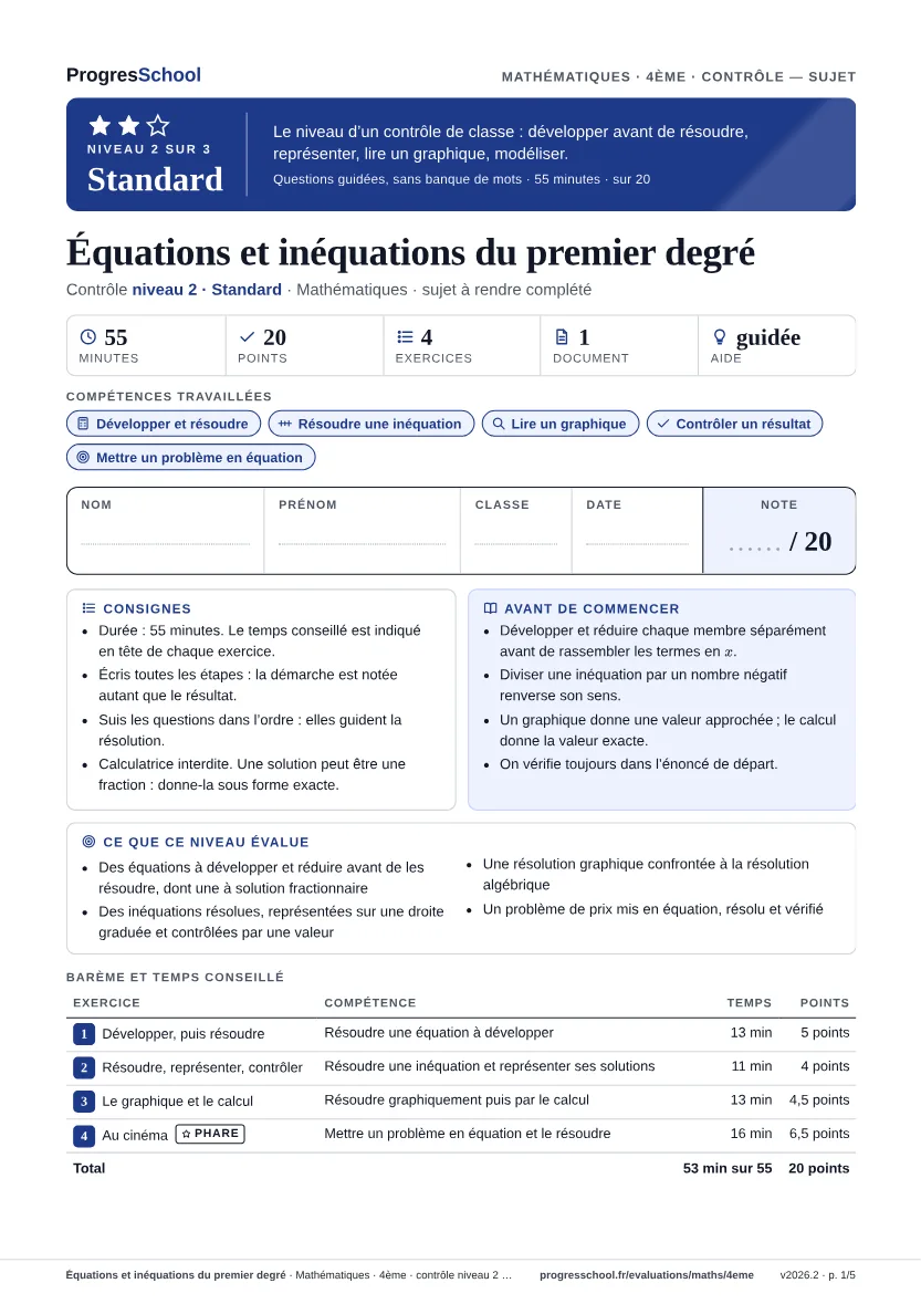 Première page du sujet : Équations et inéquations du premier degré, contrôle Standard