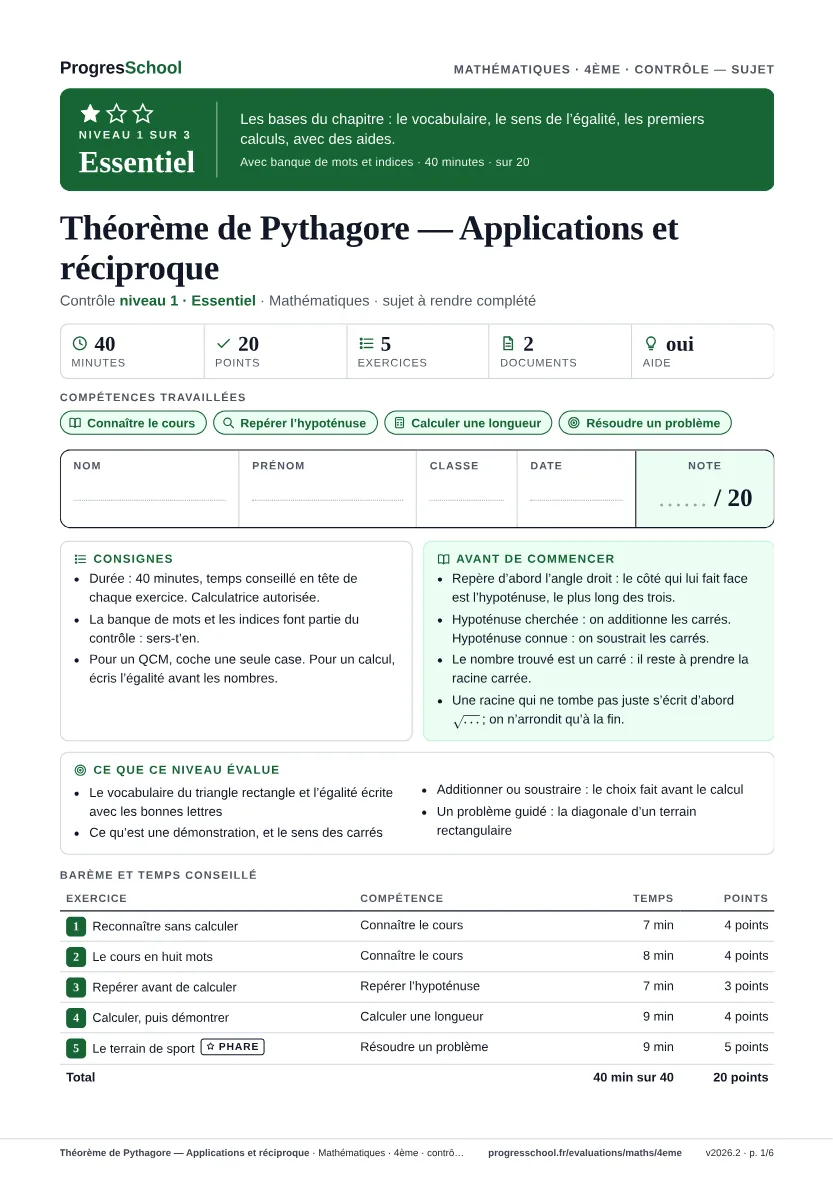 Première page du sujet : Théorème de Pythagore — Applications et réciproque, contrôle Essentiel