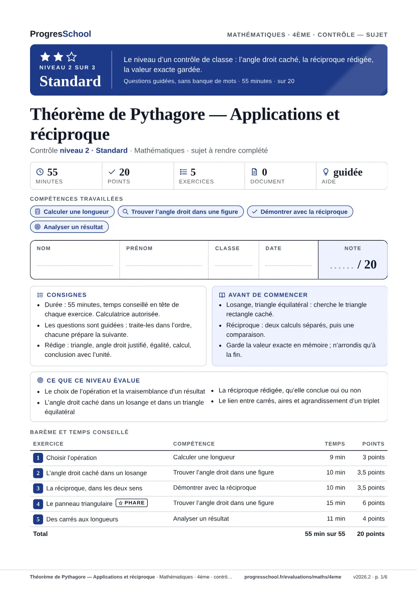 Première page du sujet : Théorème de Pythagore — Applications et réciproque, contrôle Standard