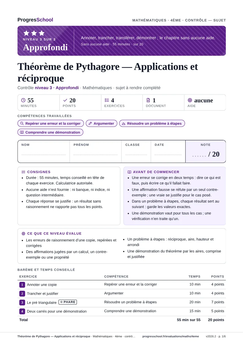 Première page du sujet : Théorème de Pythagore — Applications et réciproque, contrôle Approfondi