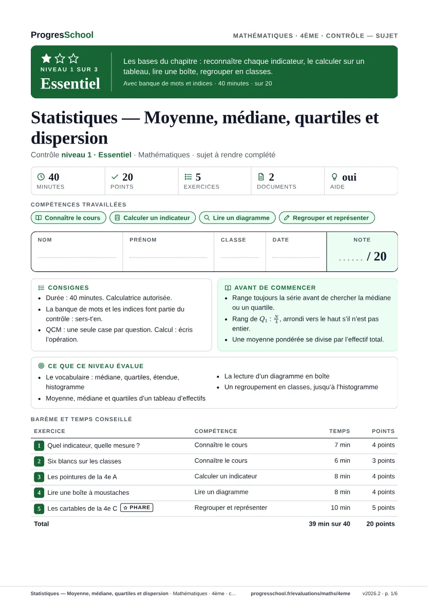 Première page du sujet : Statistiques — Moyenne, médiane, quartiles et dispersion, contrôle Essentiel