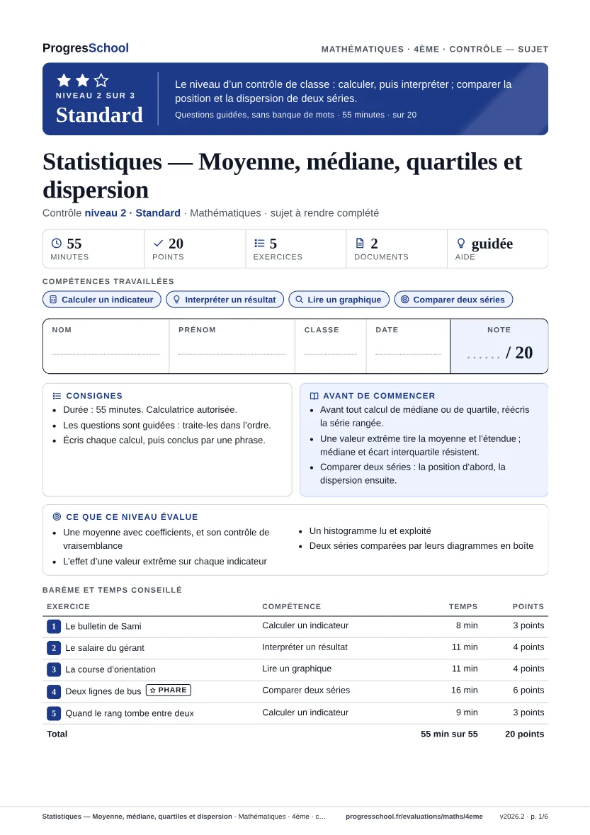Première page du sujet : Statistiques — Moyenne, médiane, quartiles et dispersion, contrôle Standard