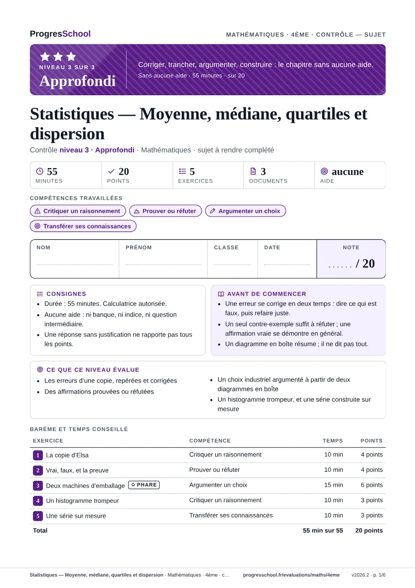 Première page du sujet : Statistiques — Moyenne, médiane, quartiles et dispersion, contrôle Approfondi