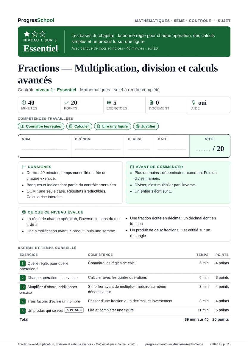 Première page du sujet : Fractions — Multiplication, division et calculs avancés, contrôle Essentiel