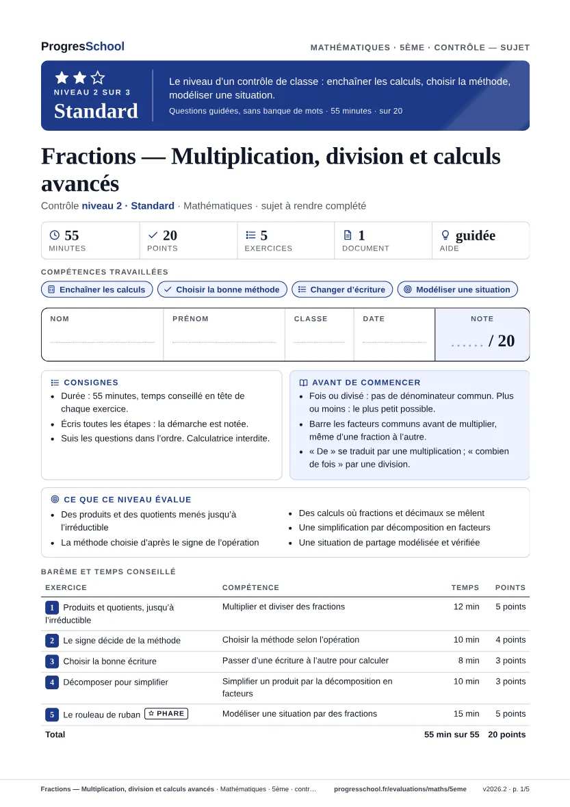 Première page du sujet : Fractions — Multiplication, division et calculs avancés, contrôle Standard