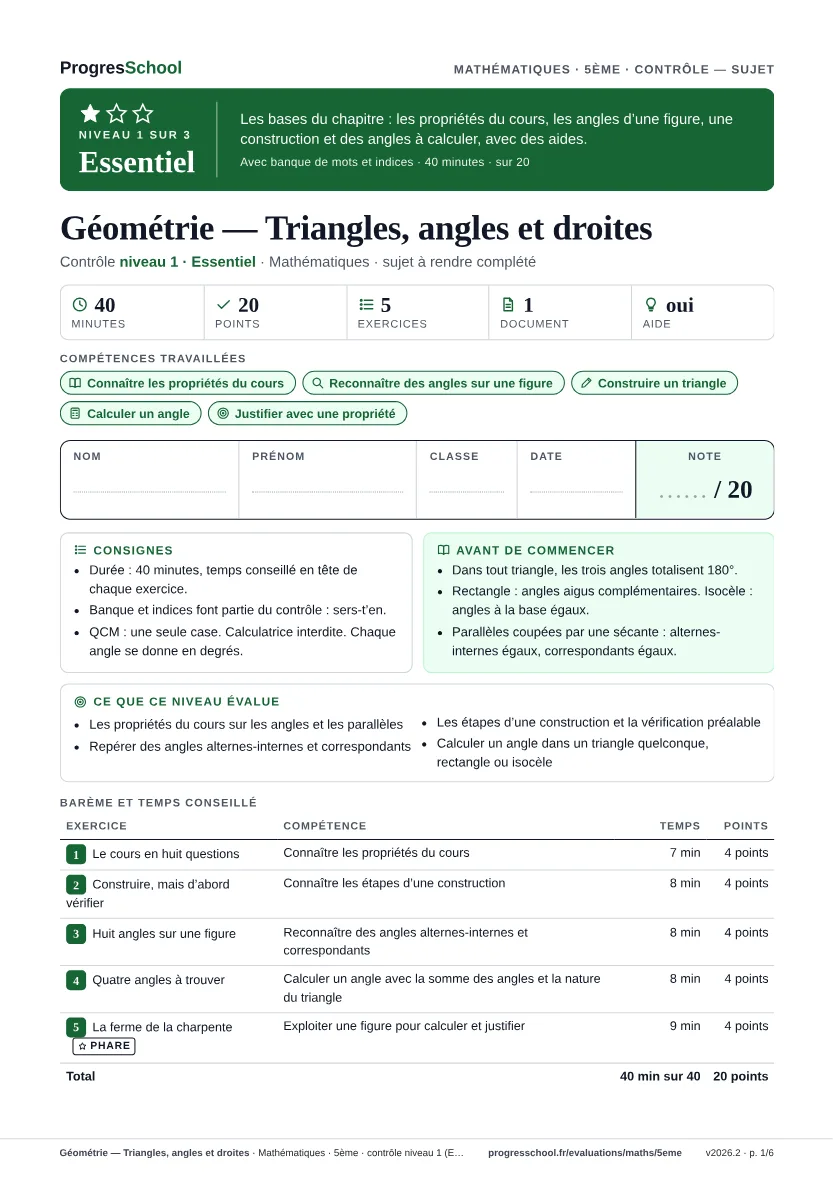Première page du sujet : Géométrie — Triangles, angles et droites, contrôle Essentiel