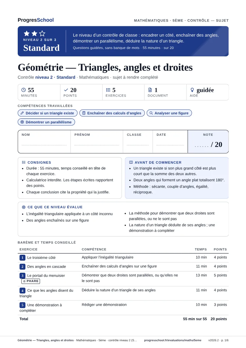 Première page du sujet : Géométrie — Triangles, angles et droites, contrôle Standard