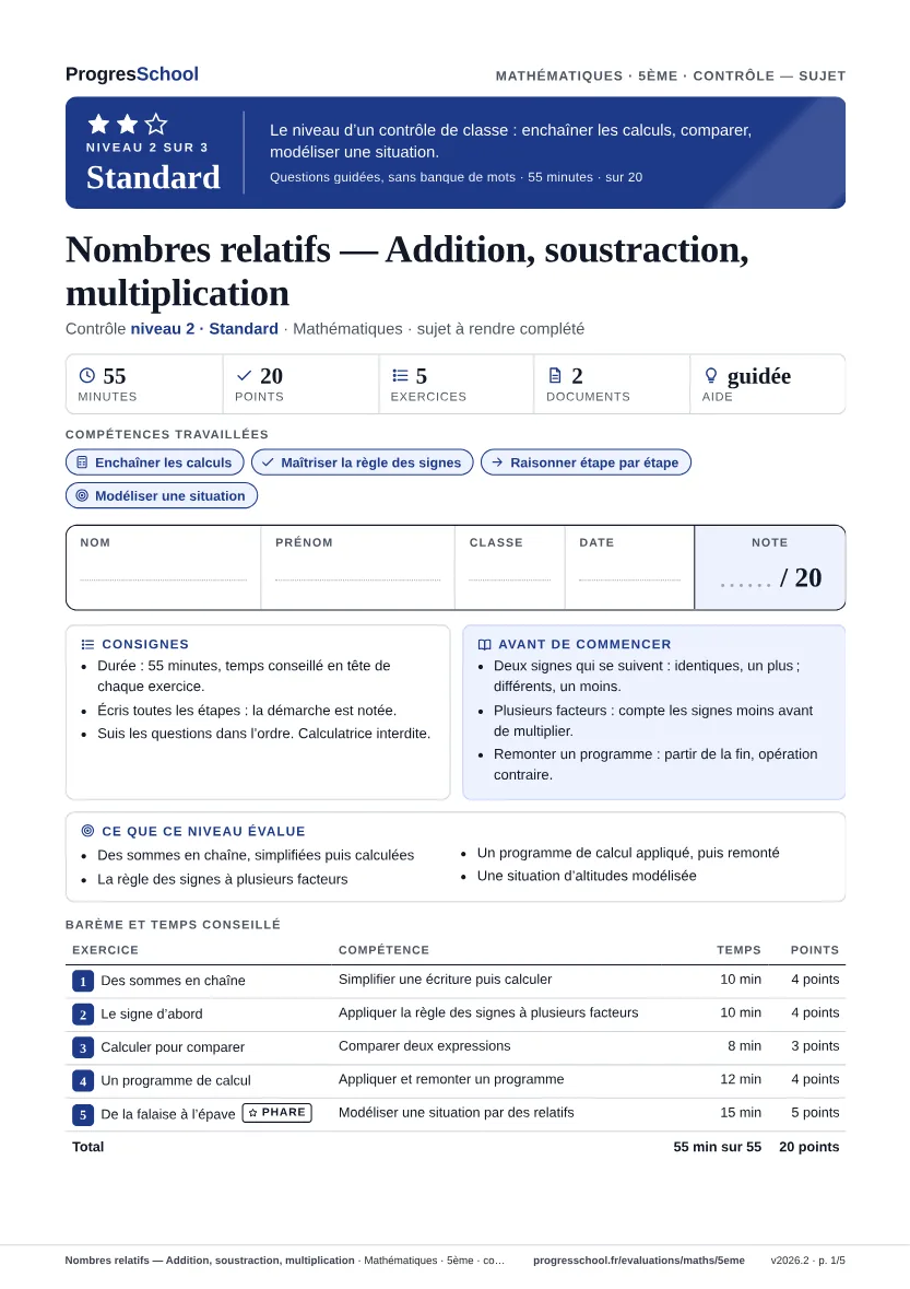 Première page du sujet : Nombres relatifs — Addition, soustraction, multiplication, contrôle Standard