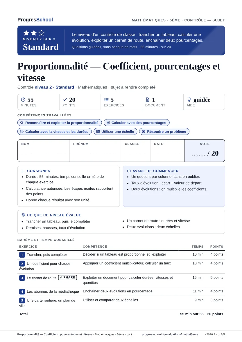 Première page du sujet : Proportionnalité — Coefficient, pourcentages et vitesse, contrôle Standard