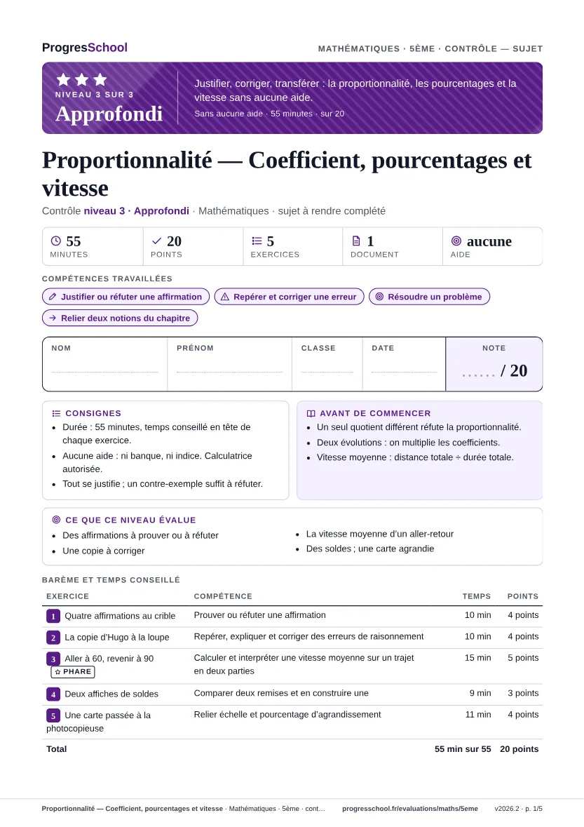 Première page du sujet : Proportionnalité — Coefficient, pourcentages et vitesse, contrôle Approfondi