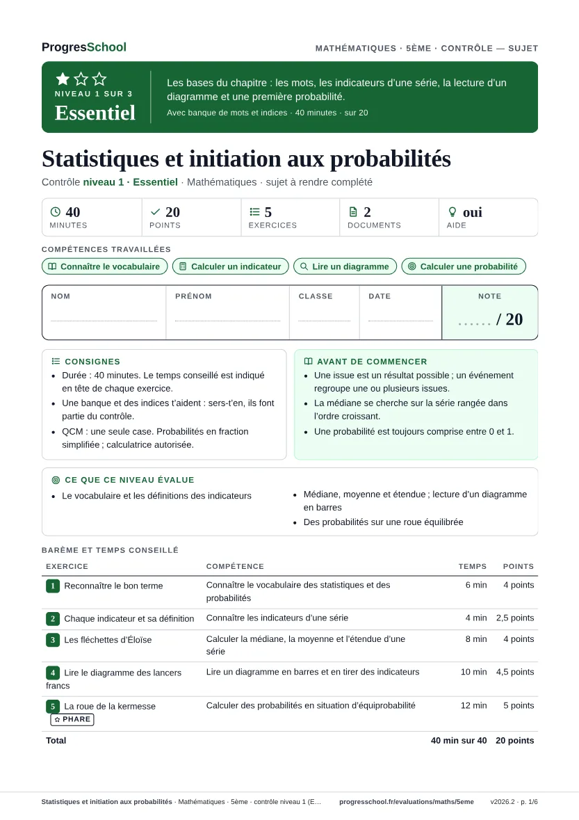 Première page du sujet : Statistiques et initiation aux probabilités, contrôle Essentiel