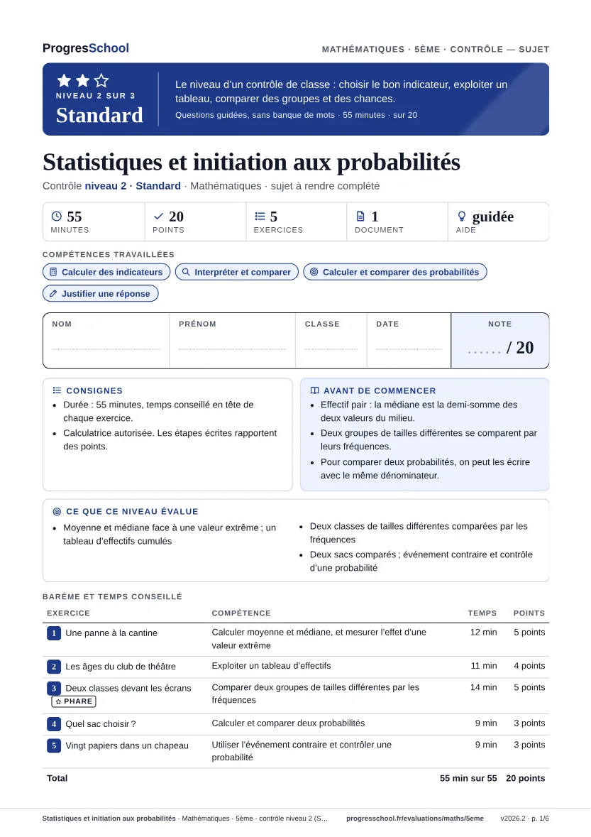 Première page du sujet : Statistiques et initiation aux probabilités, contrôle Standard