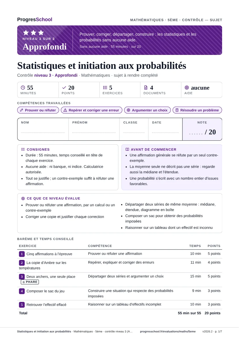 Première page du sujet : Statistiques et initiation aux probabilités, contrôle Approfondi