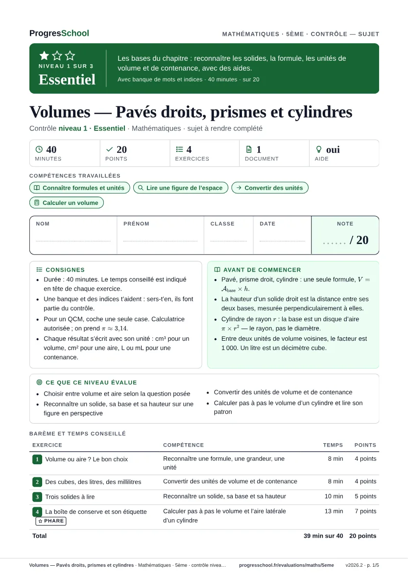 Première page du sujet : Volumes — Pavés droits, prismes et cylindres, contrôle Essentiel