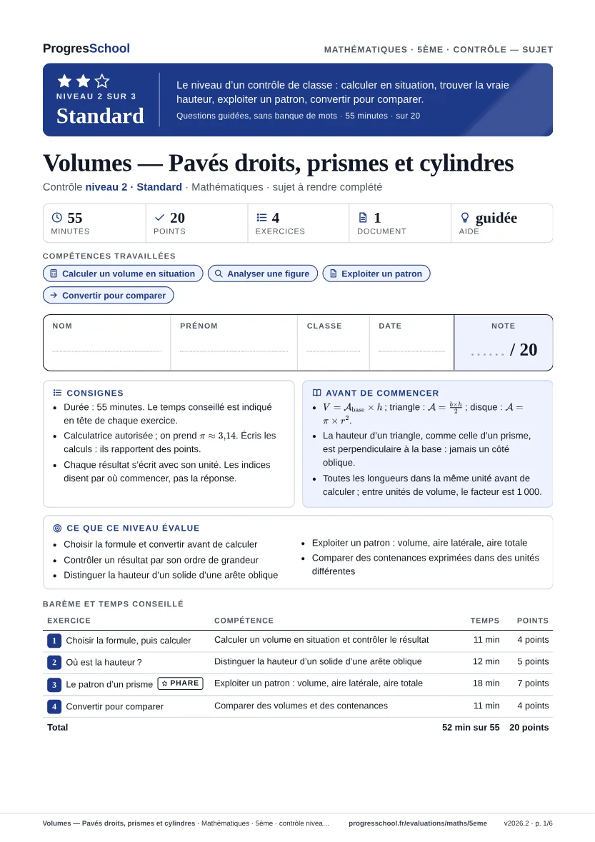 Première page du sujet : Volumes — Pavés droits, prismes et cylindres, contrôle Standard