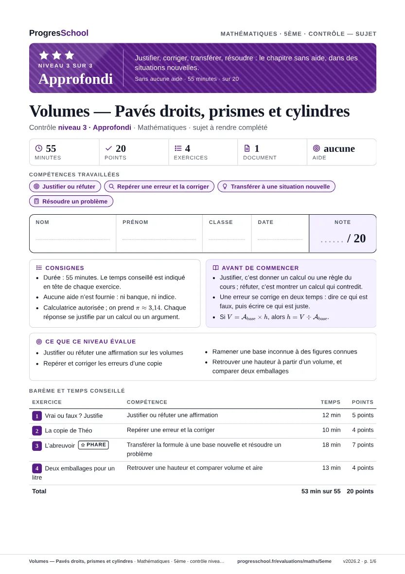 Première page du sujet : Volumes — Pavés droits, prismes et cylindres, contrôle Approfondi