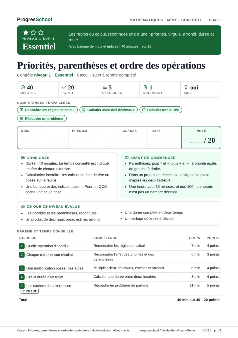 Première page du sujet : Calcul : Priorités, parenthèses et ordre des opérations, contrôle Essentiel