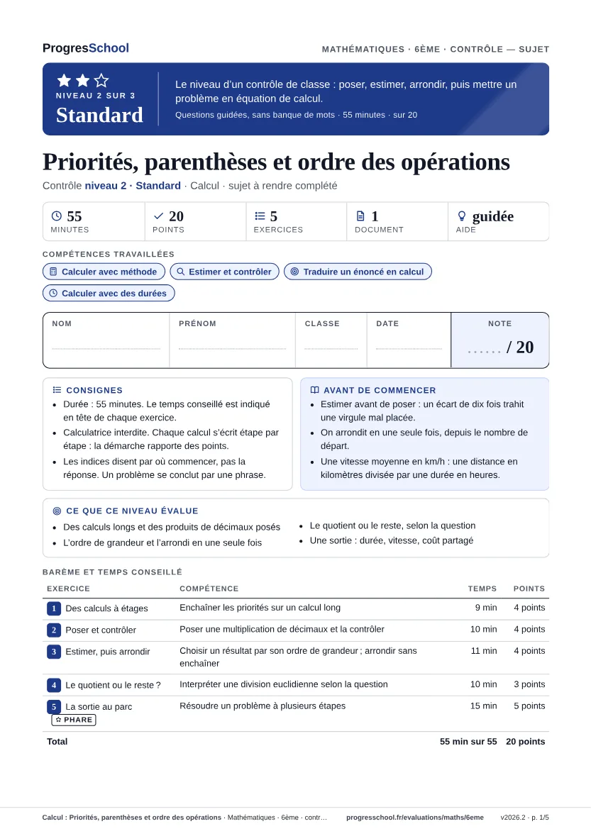 Première page du sujet : Calcul : Priorités, parenthèses et ordre des opérations, contrôle Standard