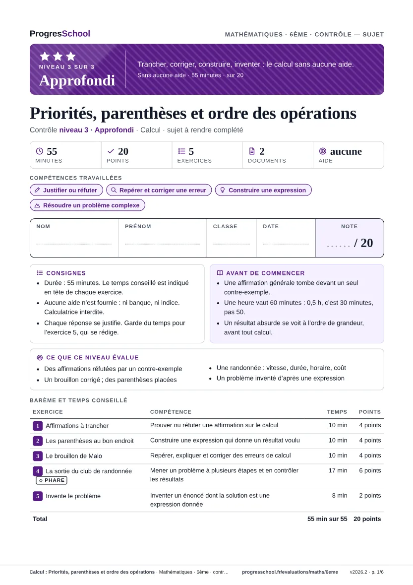 Première page du sujet : Calcul : Priorités, parenthèses et ordre des opérations, contrôle Approfondi