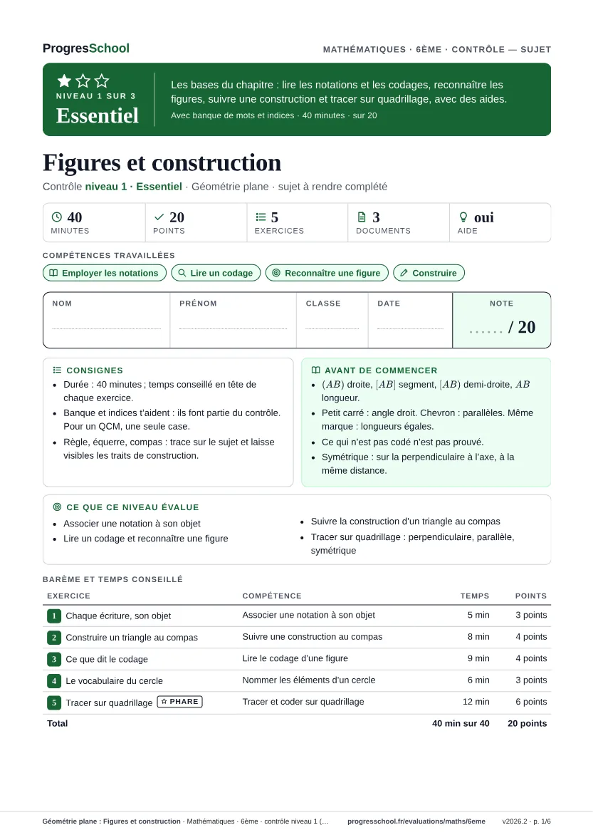 Première page du sujet : Géométrie plane : Figures et construction, contrôle Essentiel