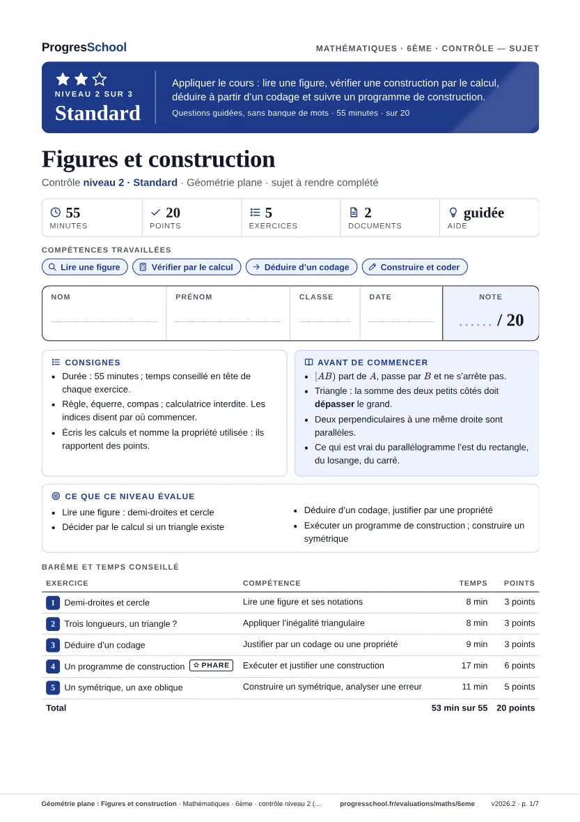 Première page du sujet : Géométrie plane : Figures et construction, contrôle Standard
