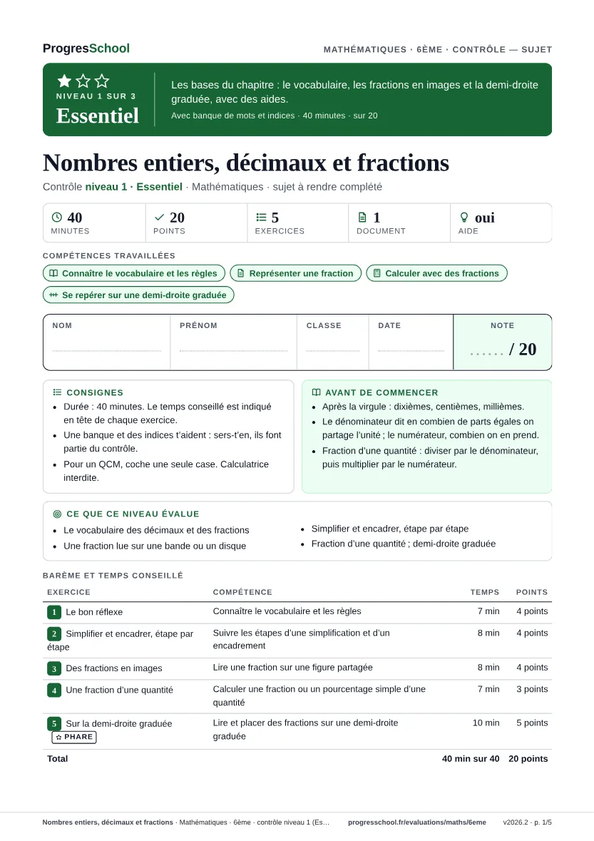 Première page du sujet : Nombres entiers, décimaux et fractions, contrôle Essentiel