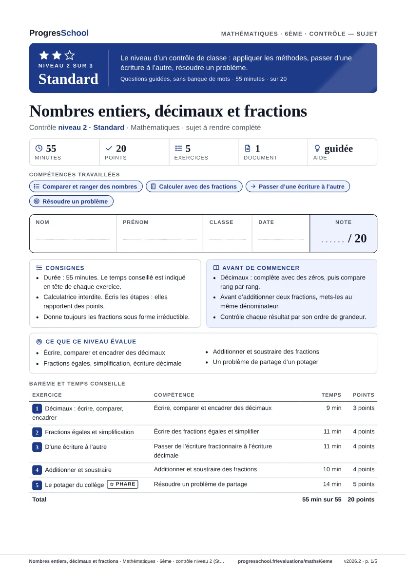 Première page du sujet : Nombres entiers, décimaux et fractions, contrôle Standard