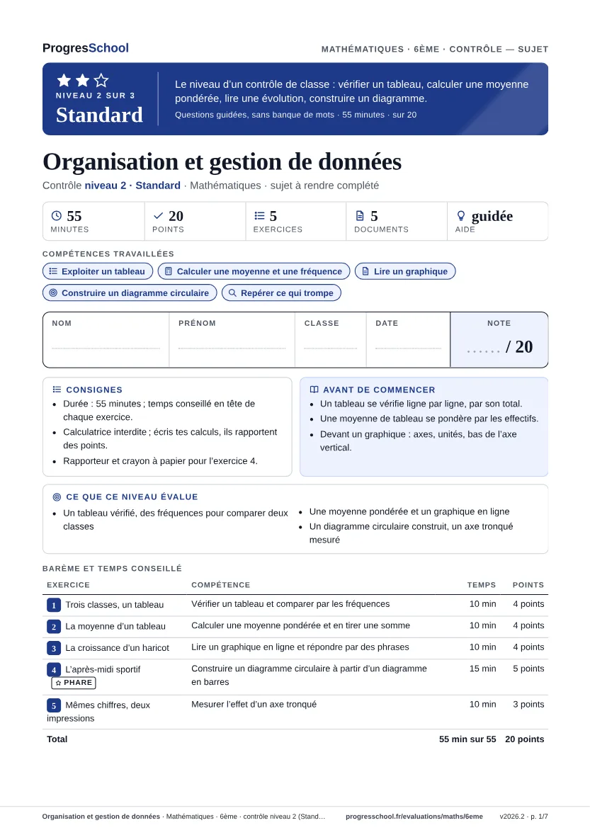 Première page du sujet : Organisation et gestion de données, contrôle Standard