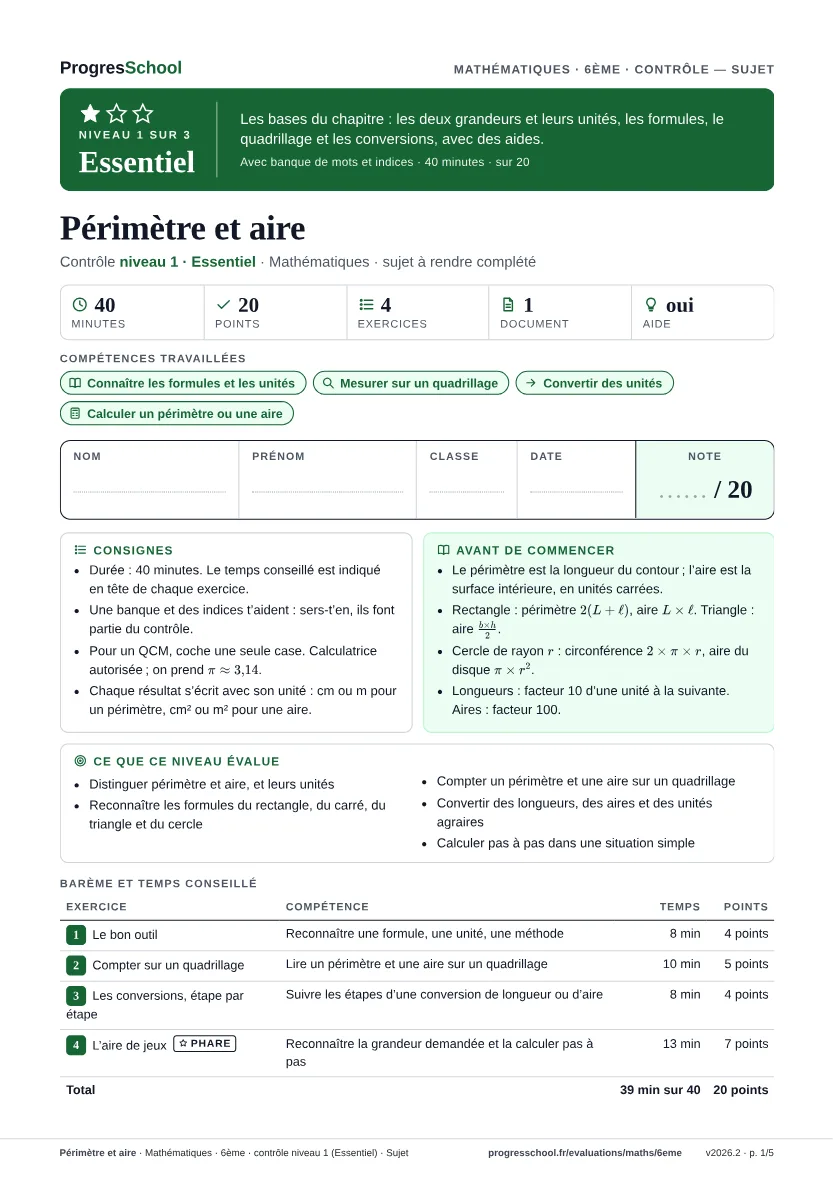 Première page du sujet : Périmètre et aire, contrôle Essentiel