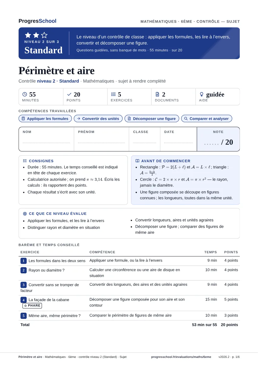 Première page du sujet : Périmètre et aire, contrôle Standard