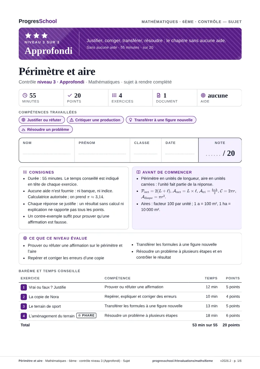 Première page du sujet : Périmètre et aire, contrôle Approfondi