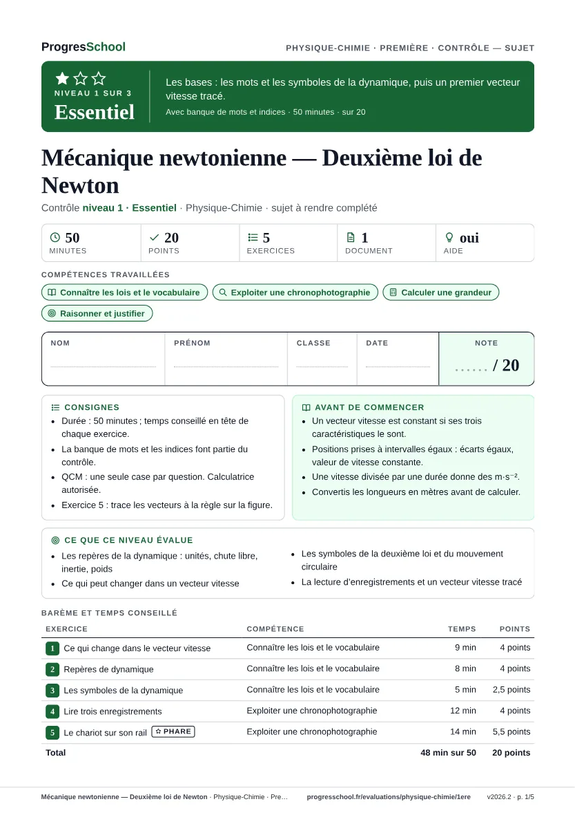 Première page du sujet : Mécanique newtonienne — Deuxième loi de Newton, contrôle Essentiel